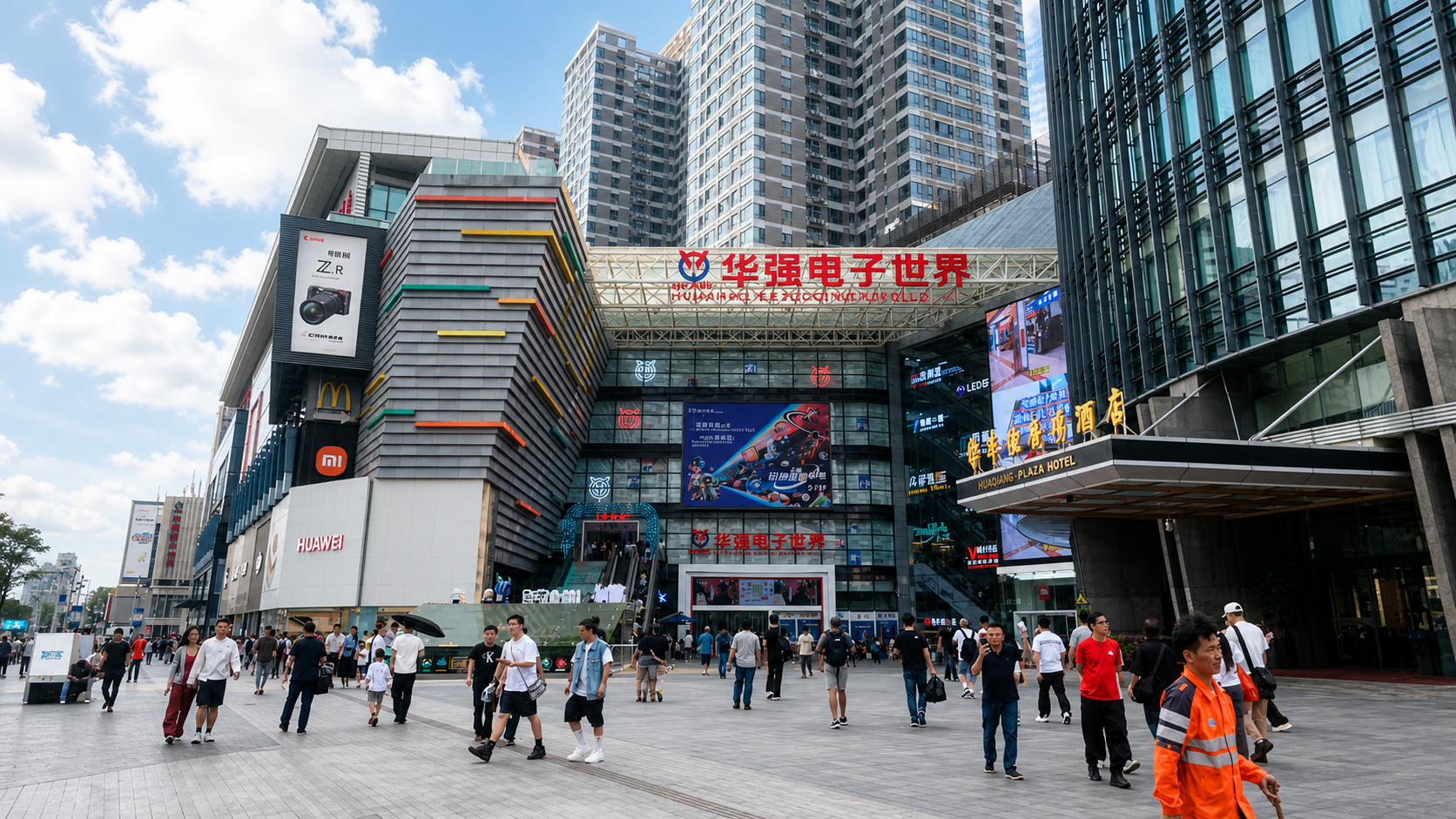 Bright professional street photograph of Huaqiang Electronic World in Huaqiangbei, Shenzhen.